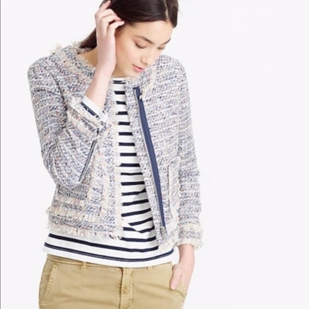 J. Crew Tweed Zip Front Frayed Edge Blazer Jacket Sz 6